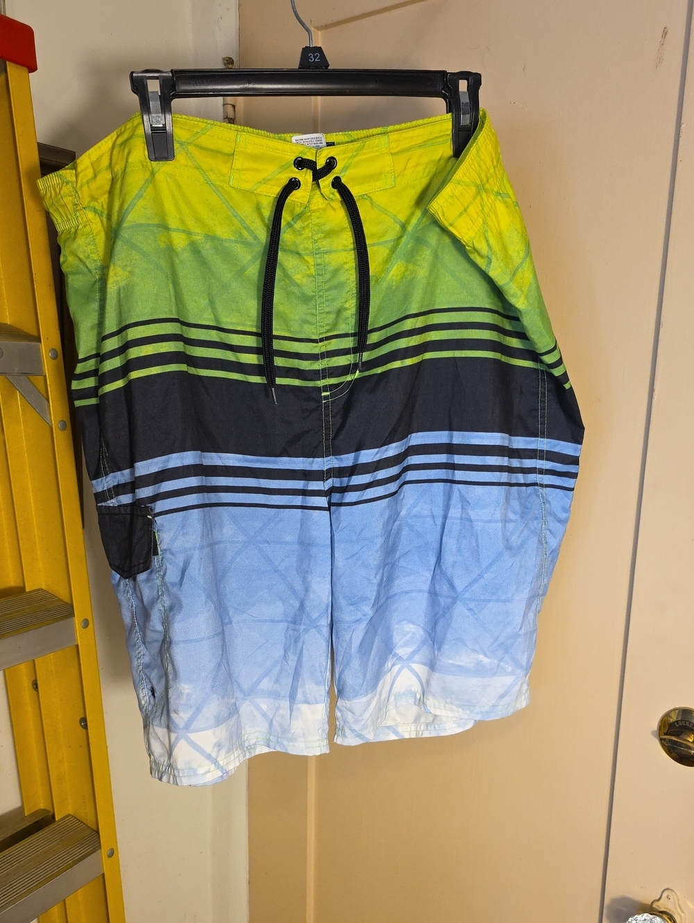 Route 66 Men's Yellow Green Blue Gradient Swim Shorts with Black Stripes